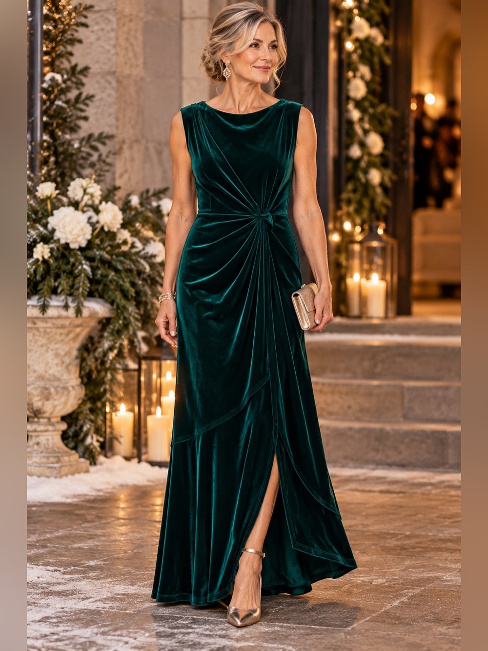 Laura Emerald Green Velvet Maxi Dress Draped Knot Slit Holiday Evening
